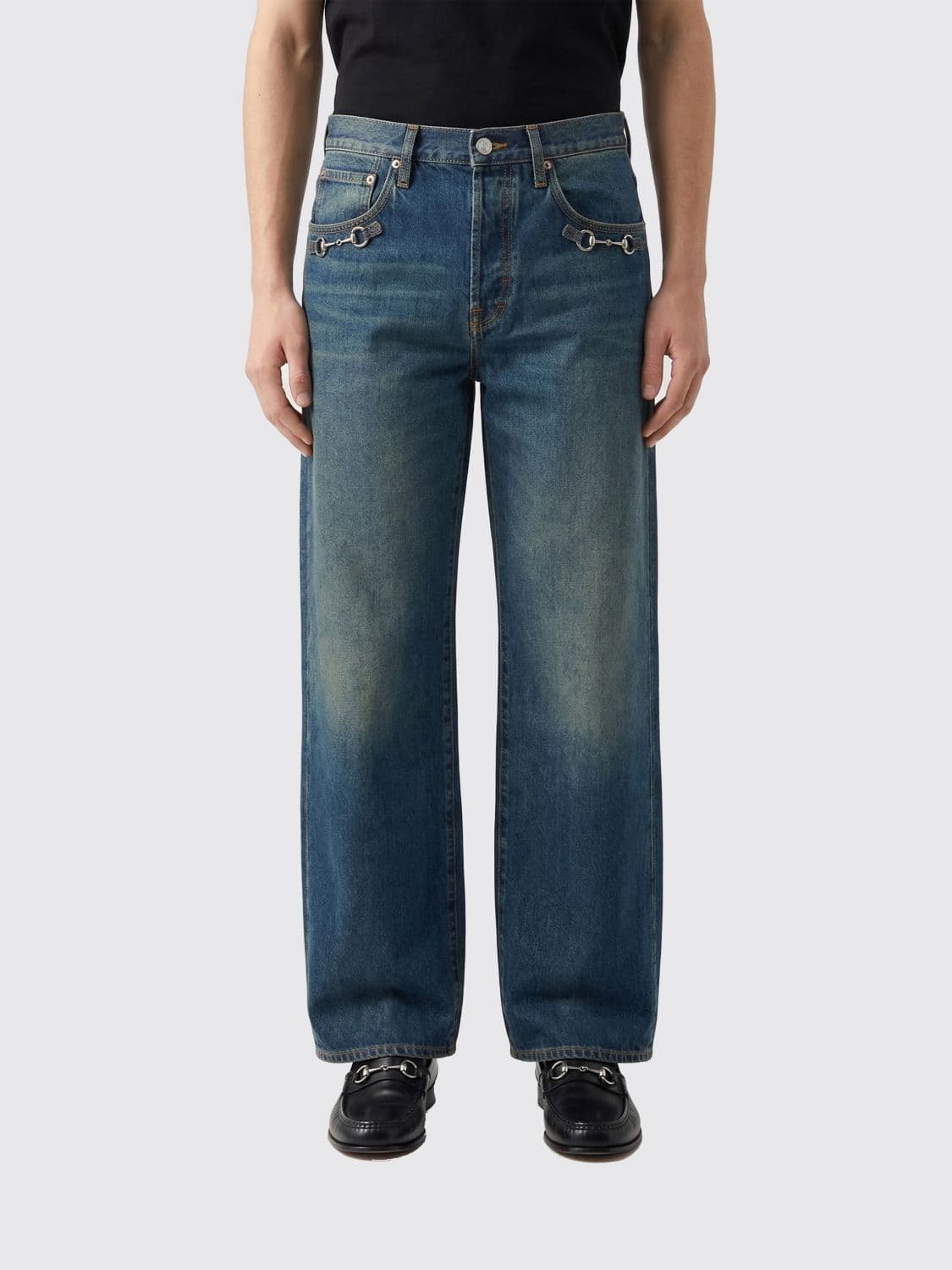 Gucci Cotton Denim Wide Leg Jeans with Horsebit