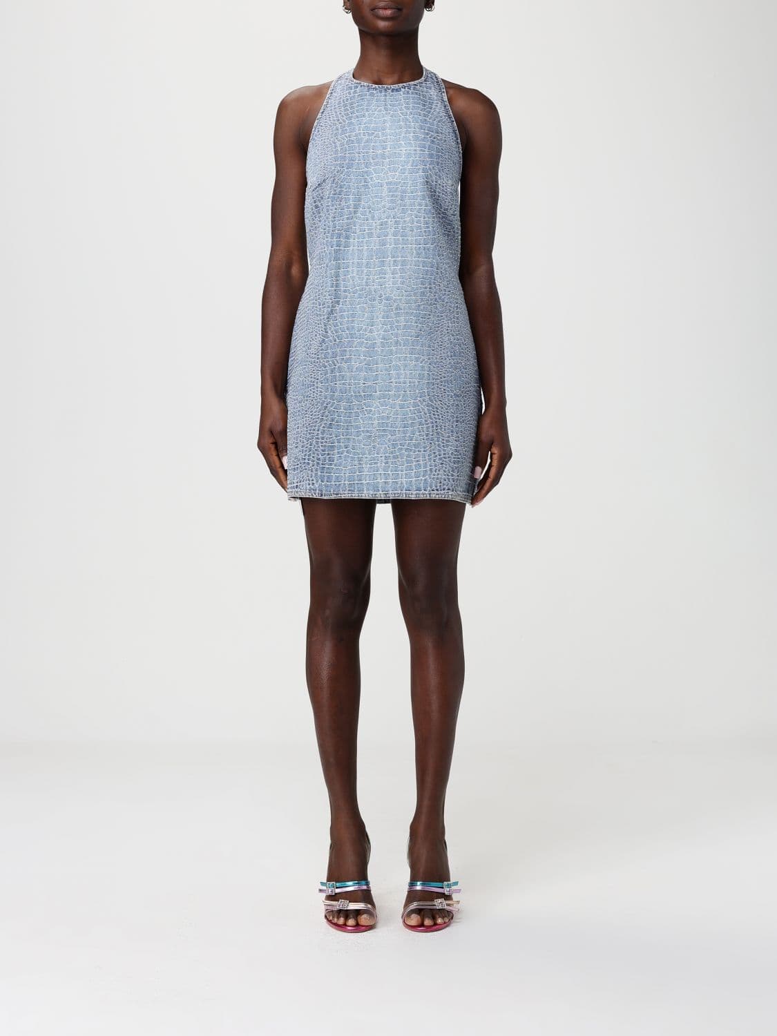 Self-Portrait Crocodile Print Denim Mini Dress with Rhinestones