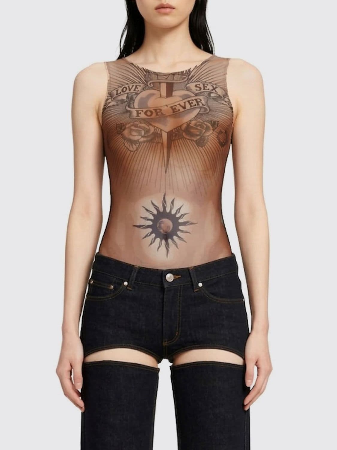 Jean Paul Gaultier The Safe Sex Tattoo Re-Edition Top In Printed Tulle