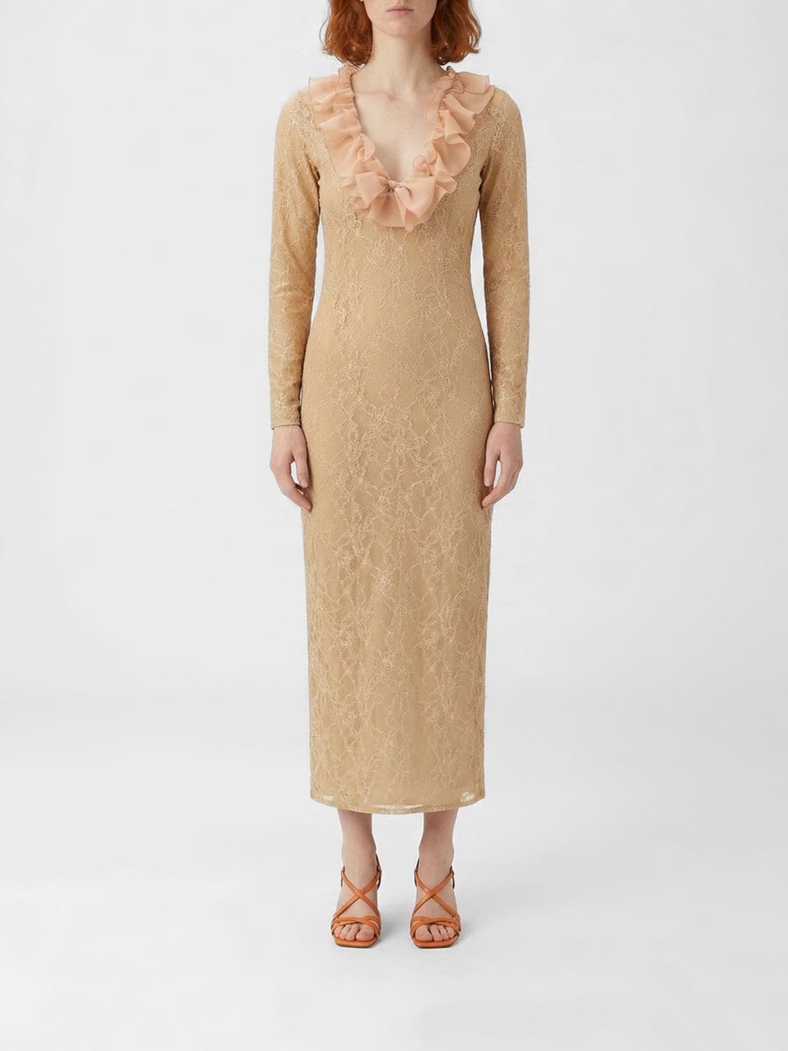 Alessandra Rich Lace Midi Dress with Ruffles