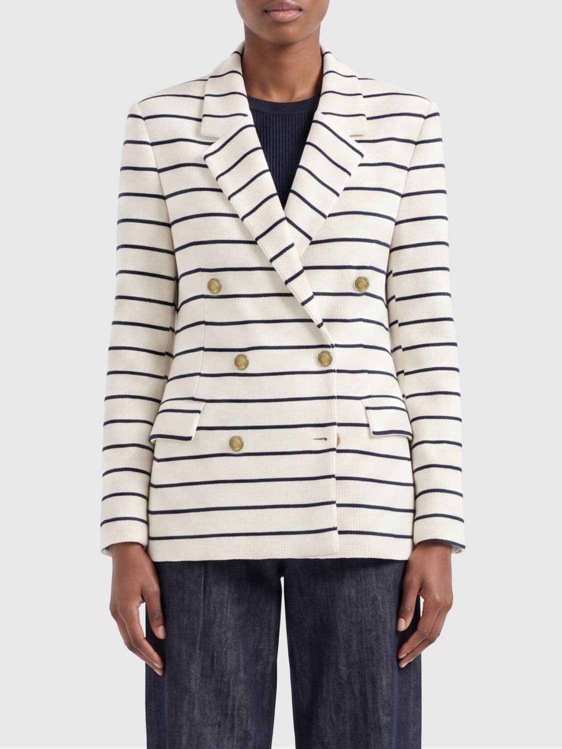 Brunello Cucinelli Striped Cotton Double-Breasted Blazer · 46