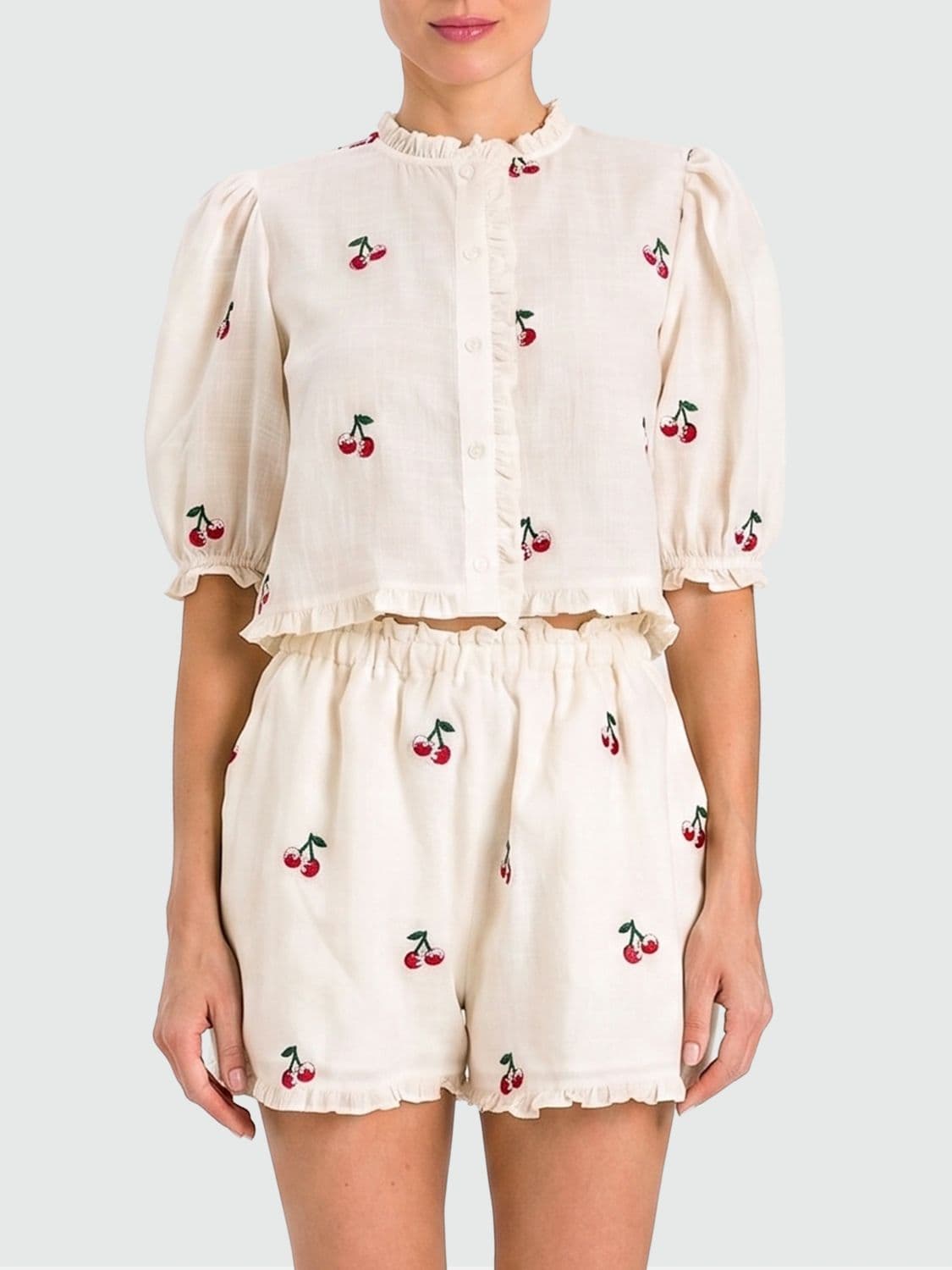Twinset Ramie Cropped Shirt With Cherry Embroidery