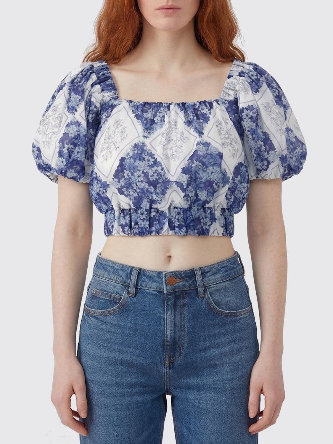 Twinset Cropped Ramie Top with Floral Print