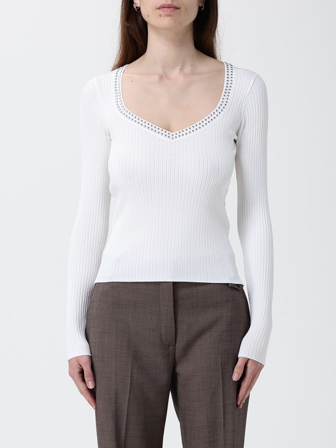 Liu Jo Ribbed V-Neck Viscose Blend Sweater with Studs