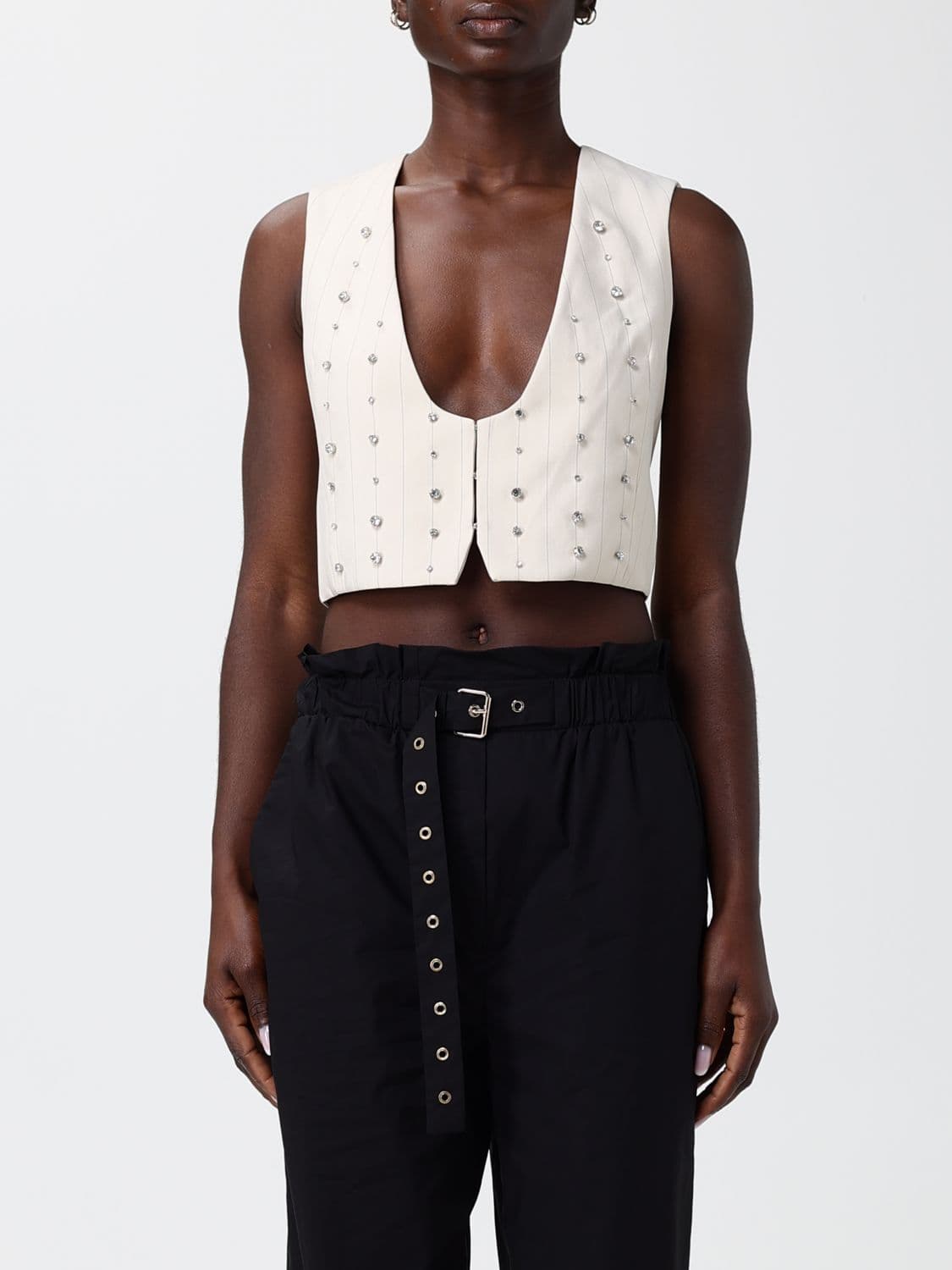Liu Jo Pinstriped Viscose Vest with Rhinestones