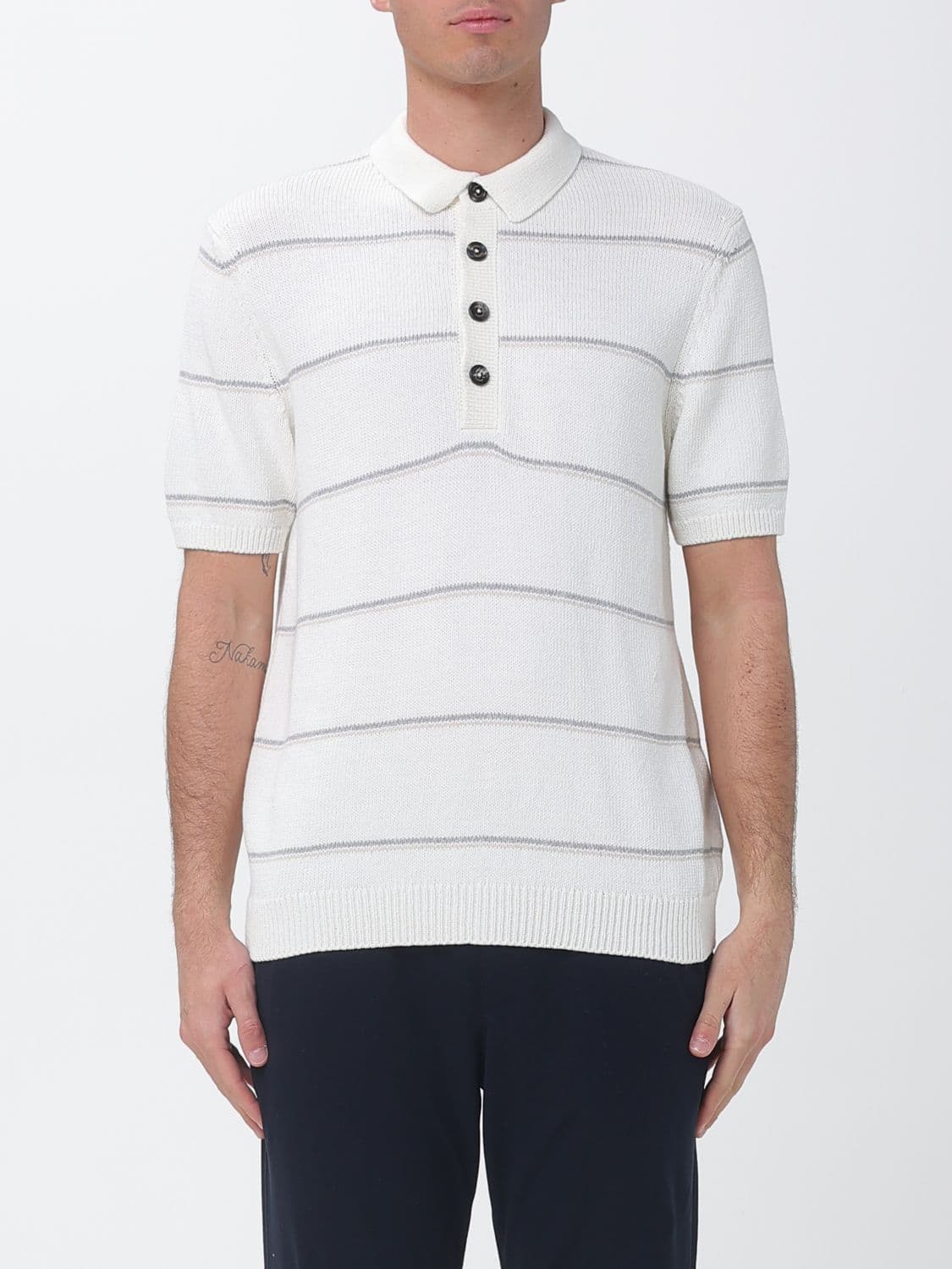 Eleventy Striped Cotton And Silk Knit Polo Shirt