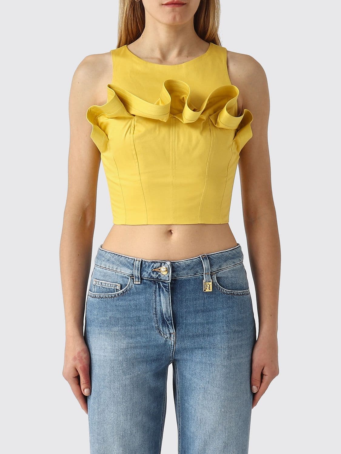 Elisabetta Franchi Cotton Crop Top with Ruffles