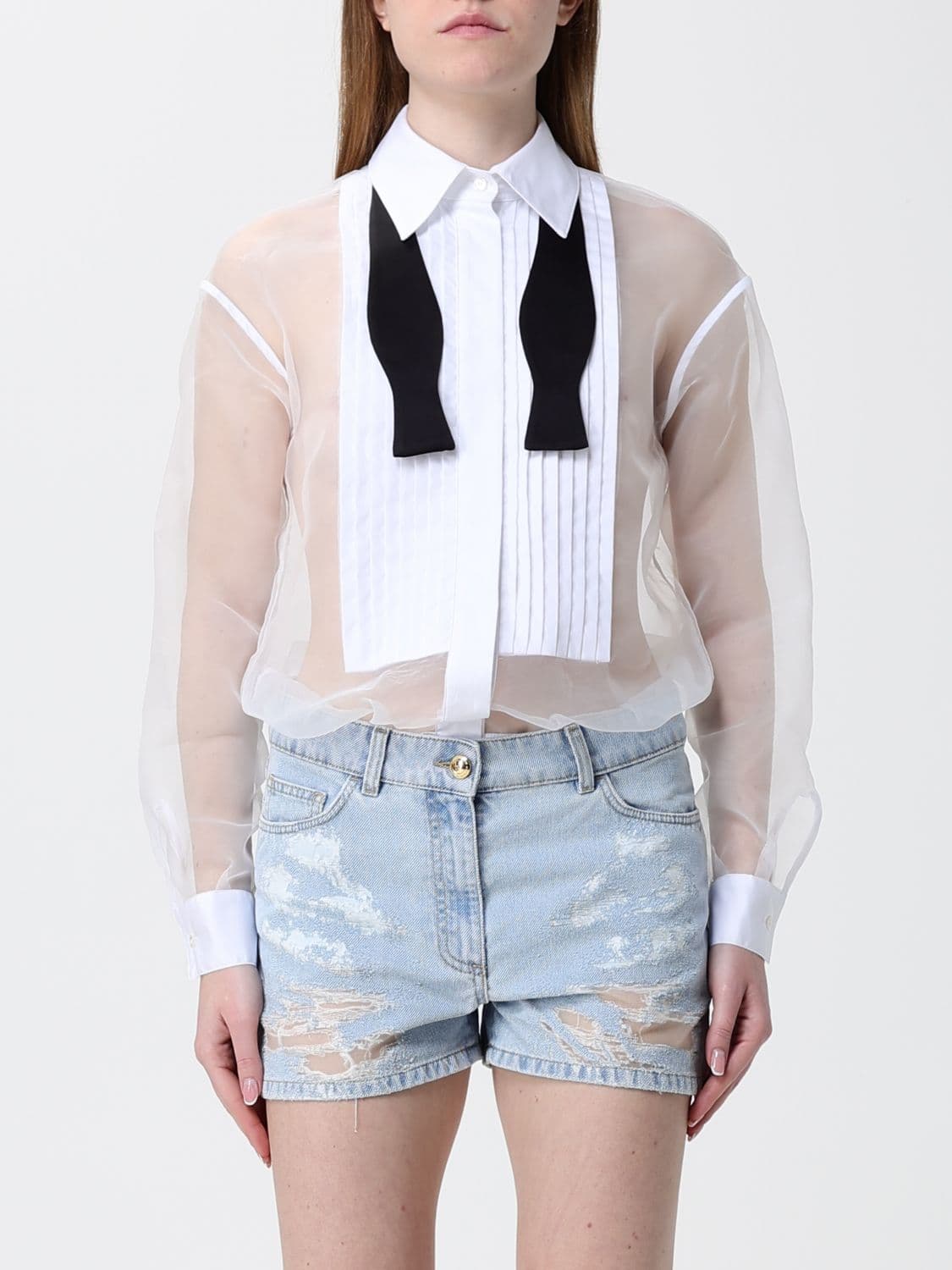 Elisabetta Franchi Organza and Distressed Denim Jumpsuit