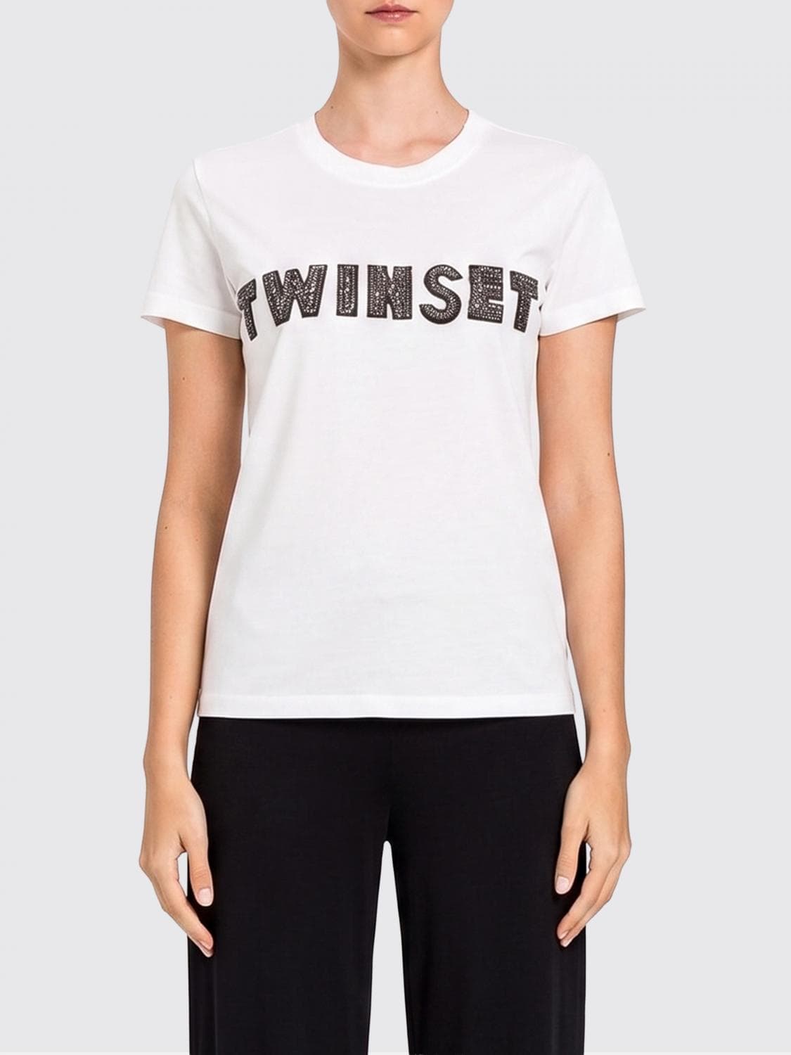 Twinset U & b Cotton Blend T-shirts with Rhinestone Logo · S