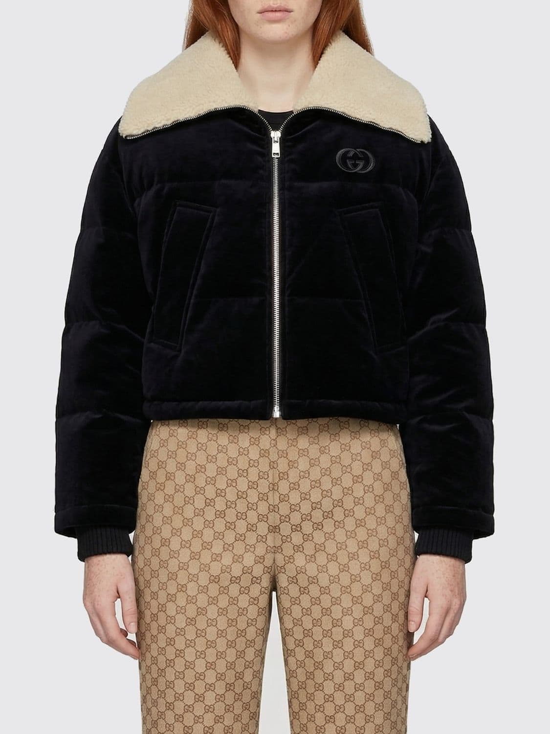Gucci Velvet Padded Down Jacket with Shearling Collar