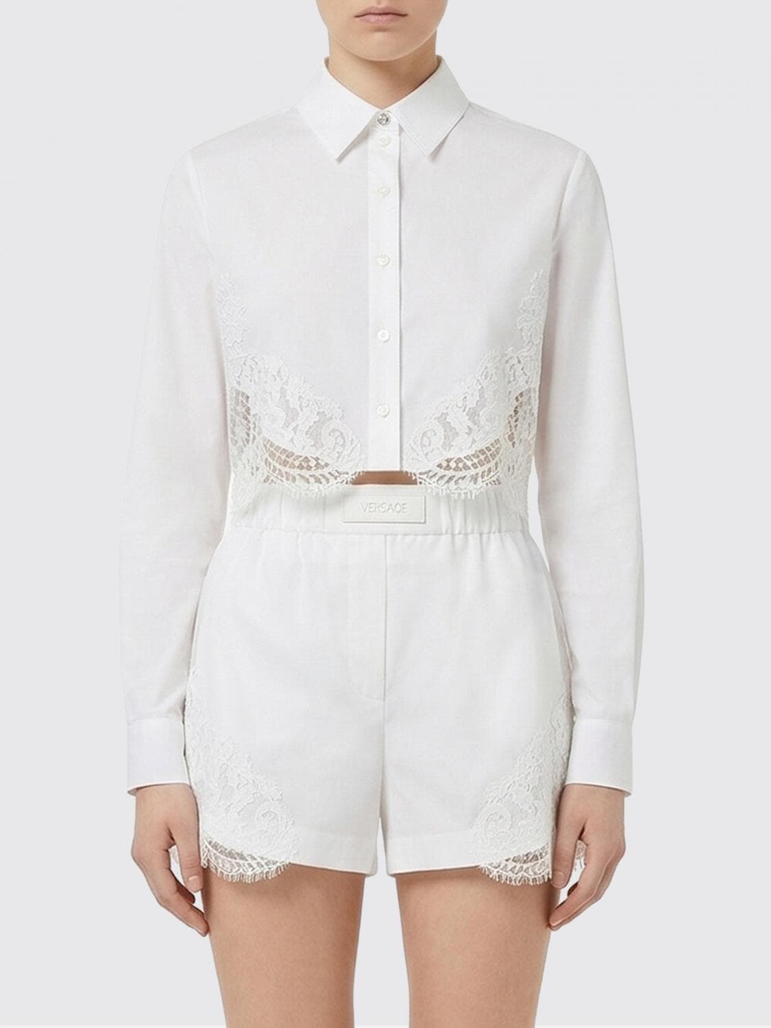 Versace Cropped Cotton Shirt with Lace Inserts