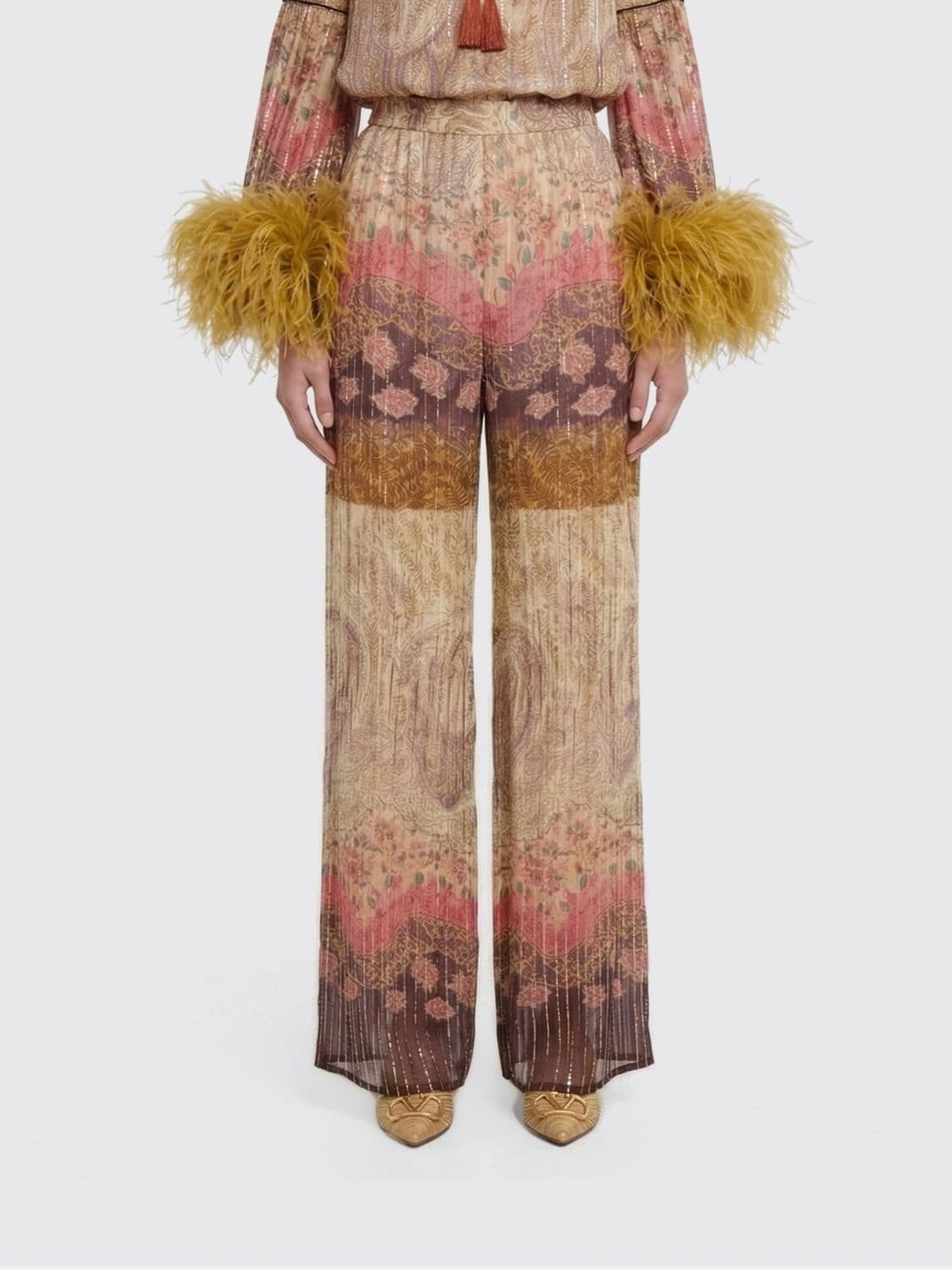 Valentino Printed Silk and Lurex Palazzo Trousers