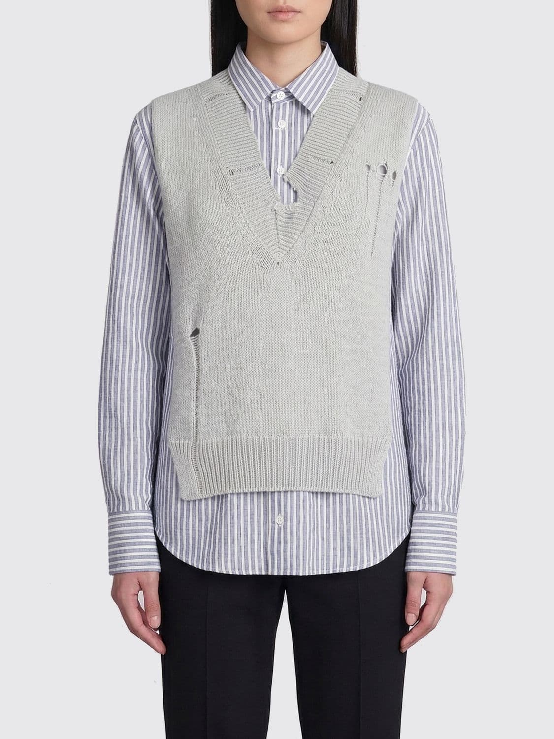 Maison Margiela Striped Cotton And Linen Shirt With Faux Vest · 38