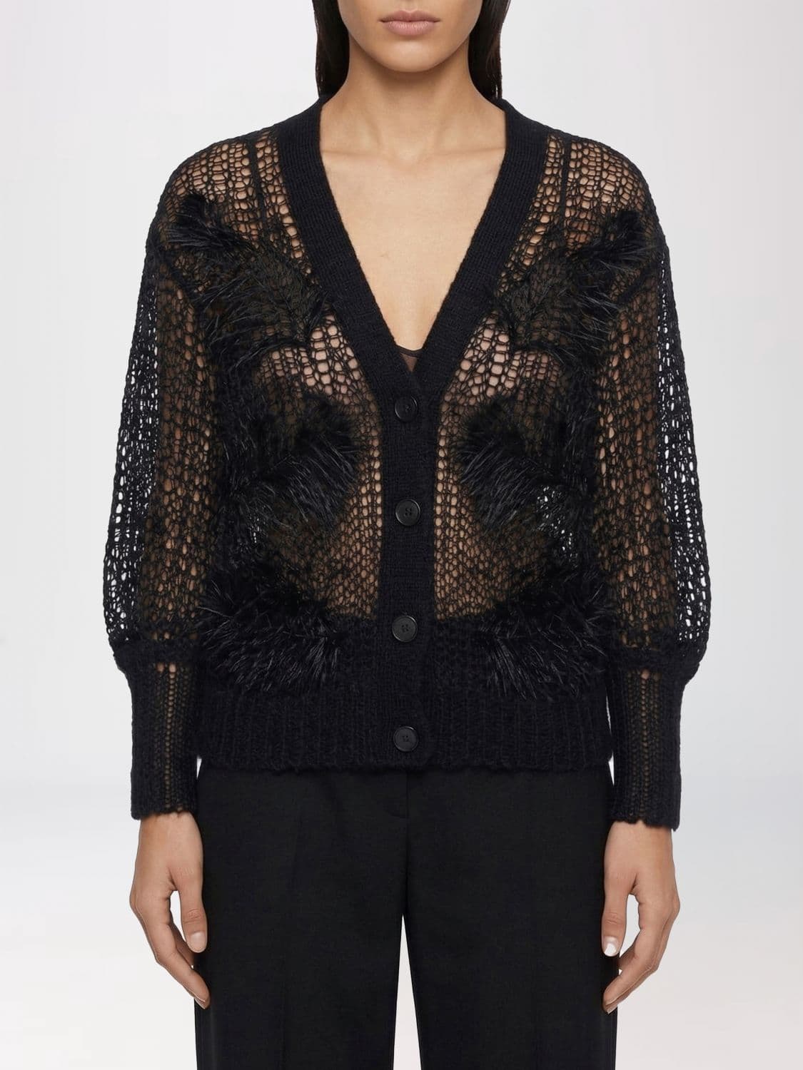 The Attico Openwork Wool Blend Cardigan with Feathers
