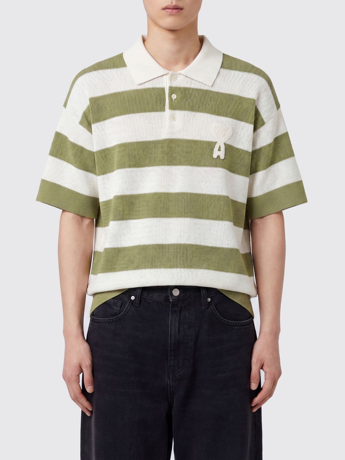 Ami Paris Striped Cotton Polo Shirt with Logo