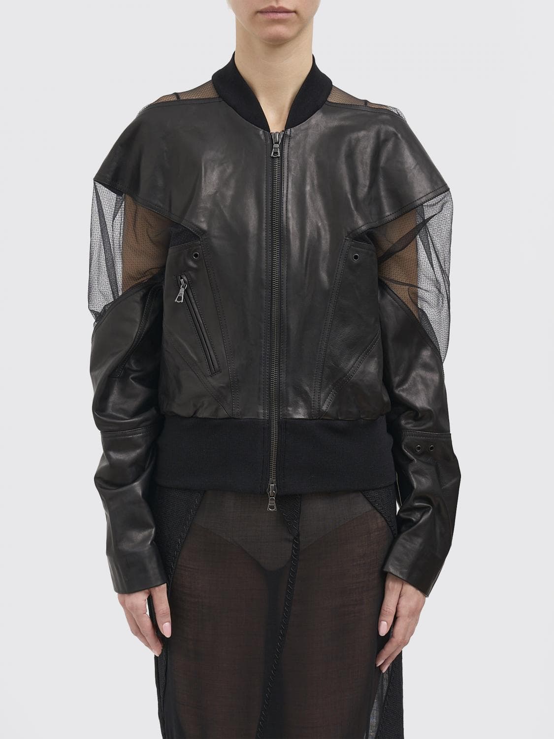 Yehuafan Leather and Tulle Bomber Jacket