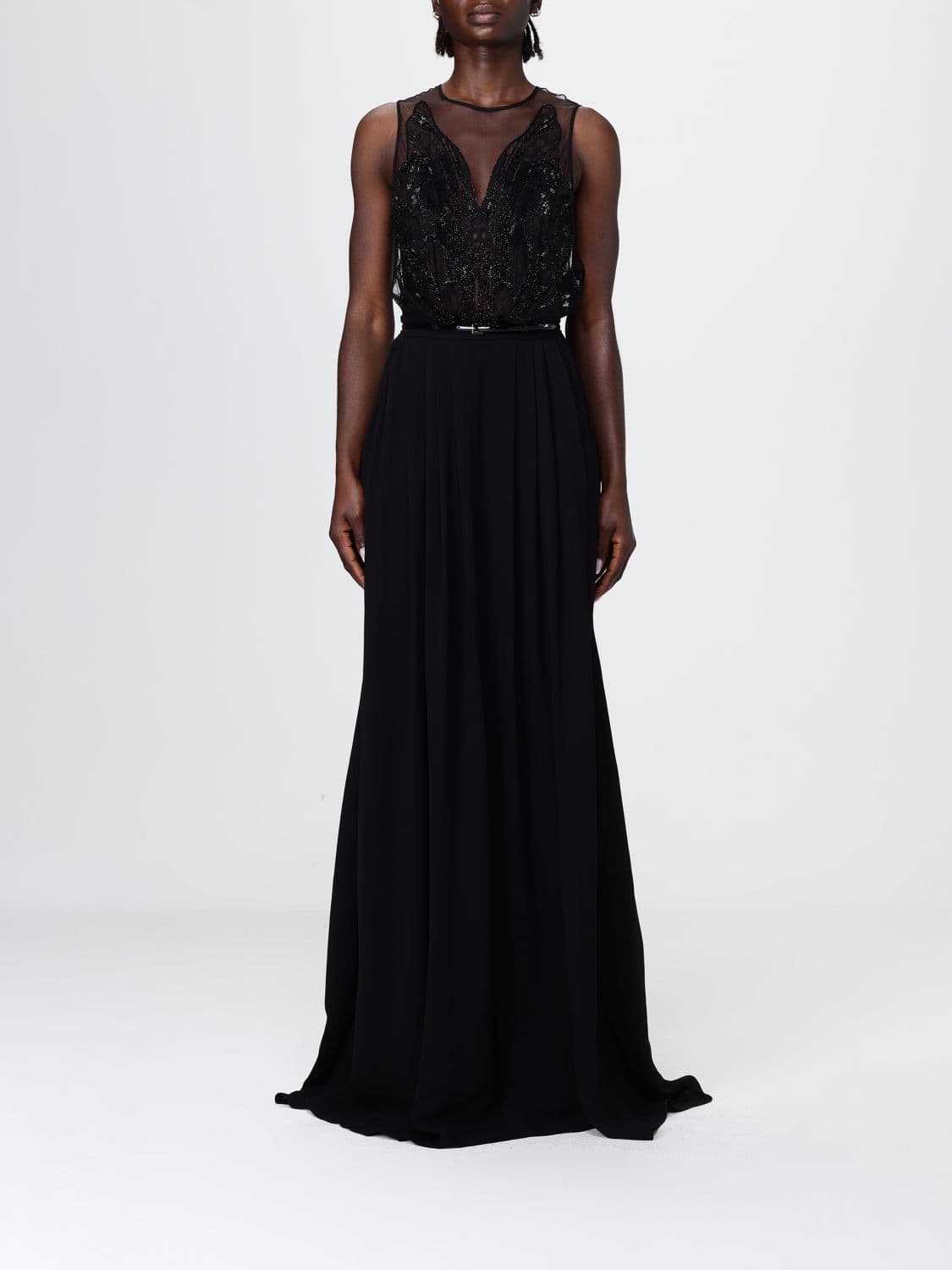 Elisabetta Franchi Long Viscose Dress with Embroidered Beads