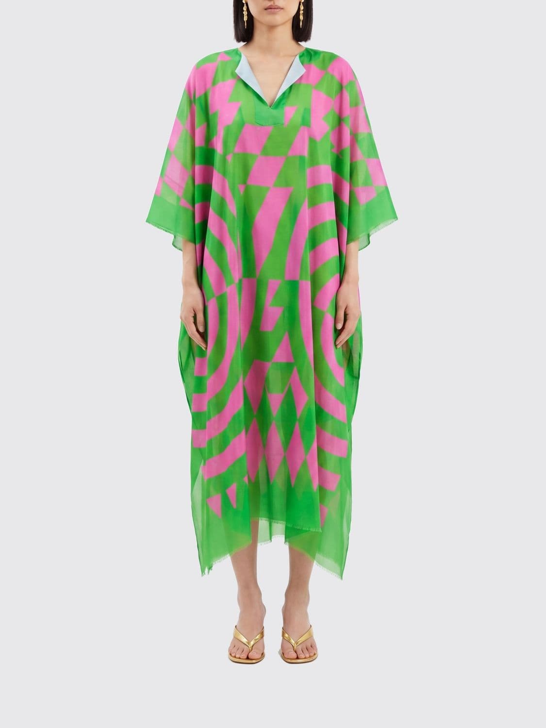 Dries Van Noten Cotton Kaftan Dress with Optical Print