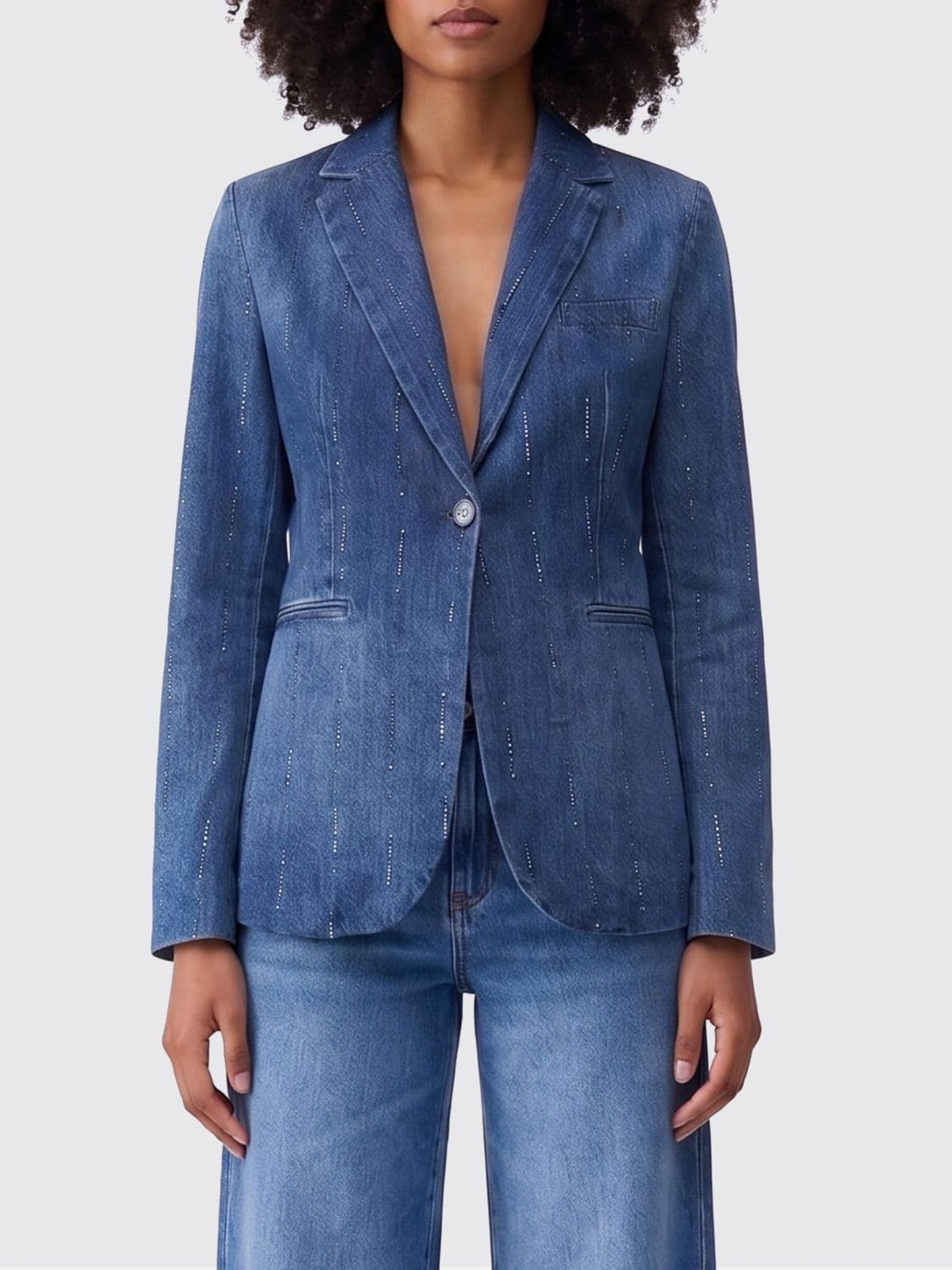 Liu Jo Single-Breasted Denim Blazer with Micro Rhinestones · 40
