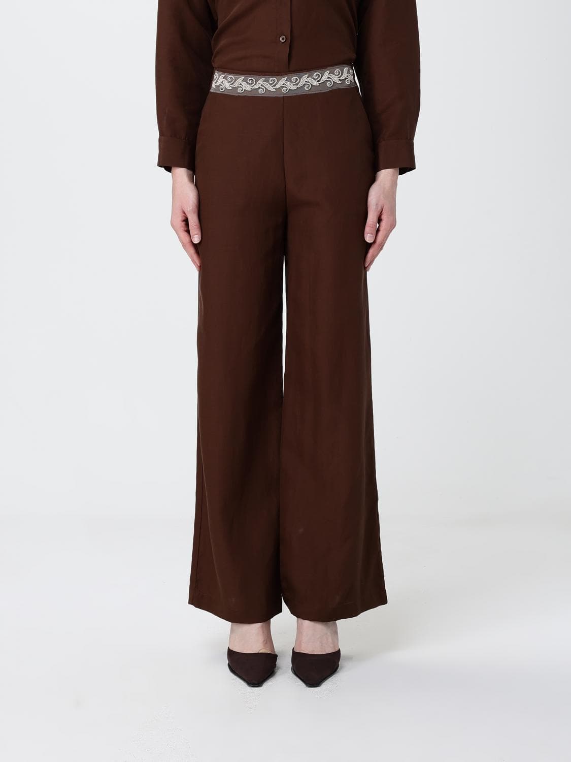 Hanita Linen Blend Palazzo Trousers with Embroidery