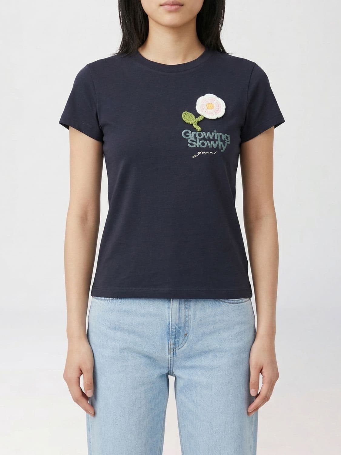 Ganni Cotton T-Shirts with Crocheted Flower