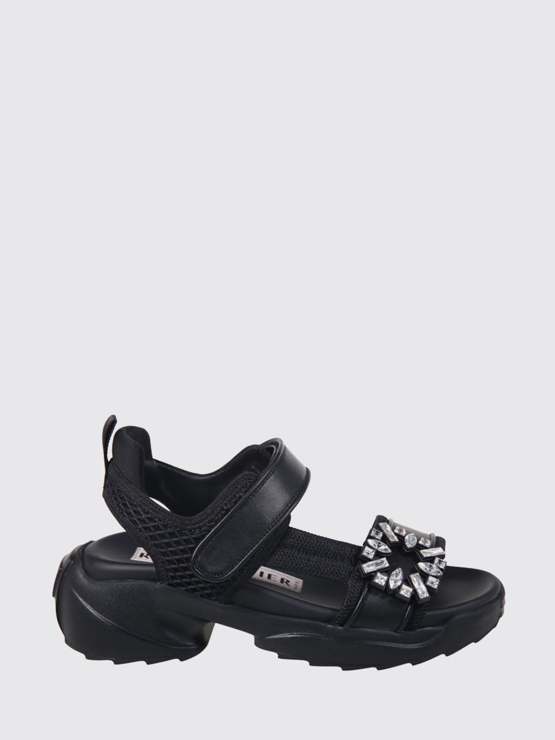 Roger Vivier Viv' On The Run Leather and Mesh Sandal with Jewel Buckle