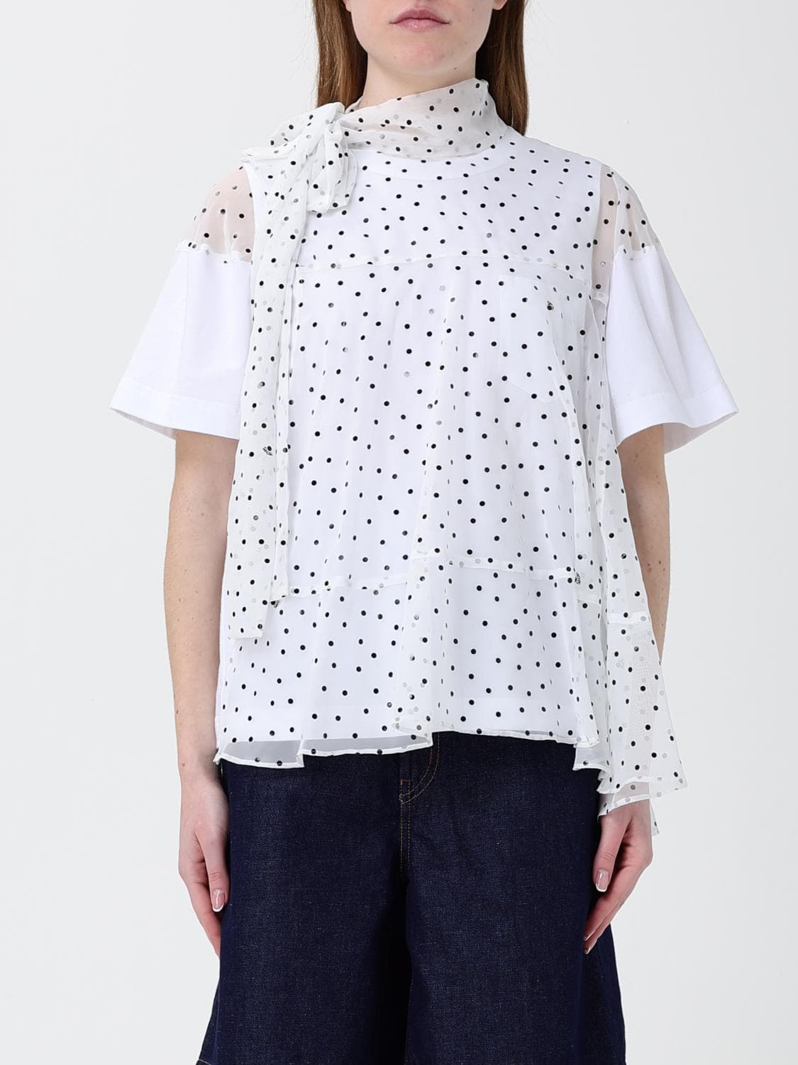 Sacai Cotton and Polka Dot Tulle Top