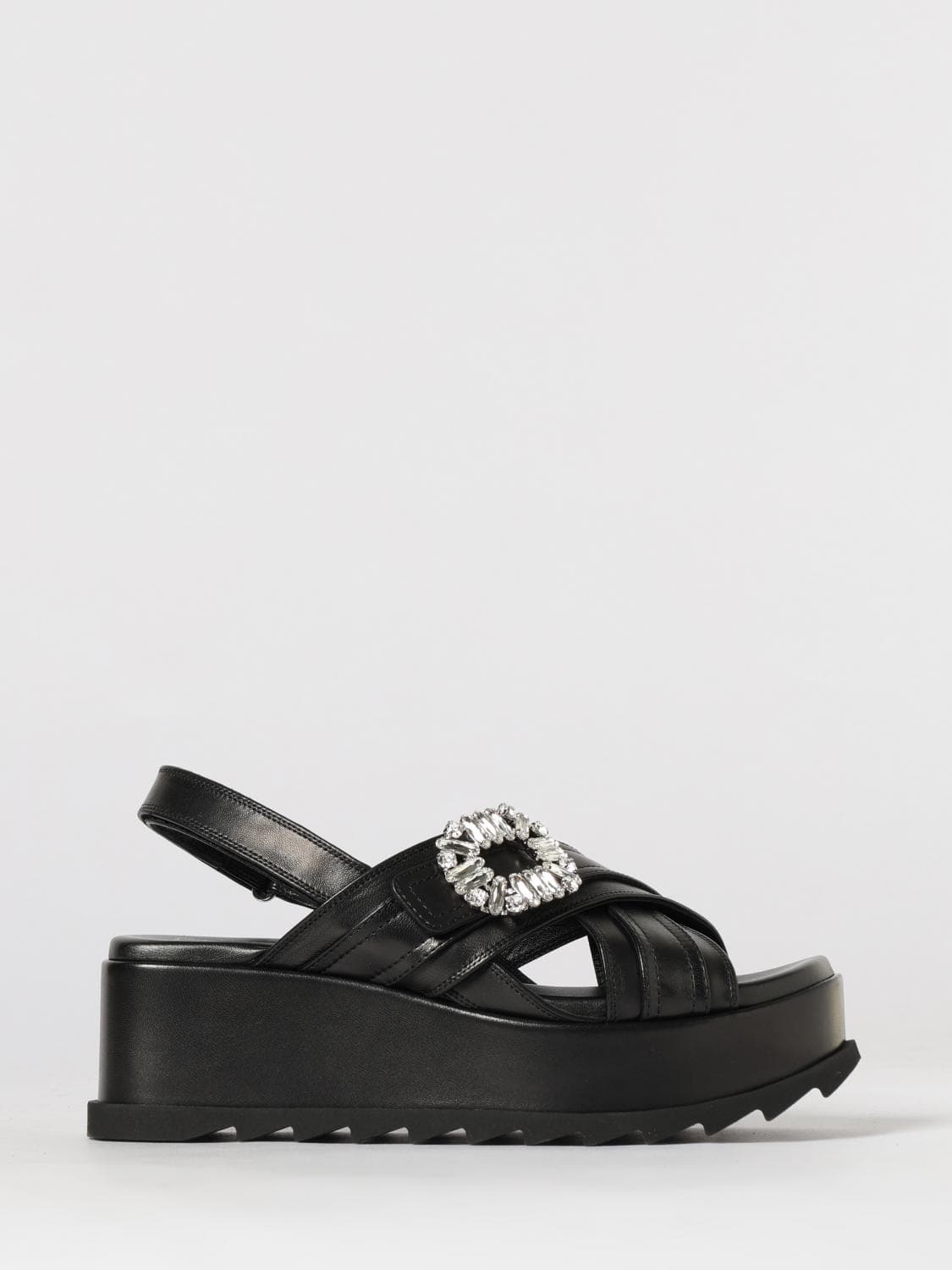 Roger Vivier Slidy Viv' Wedge Sandal In Leather With Jewel Buckle