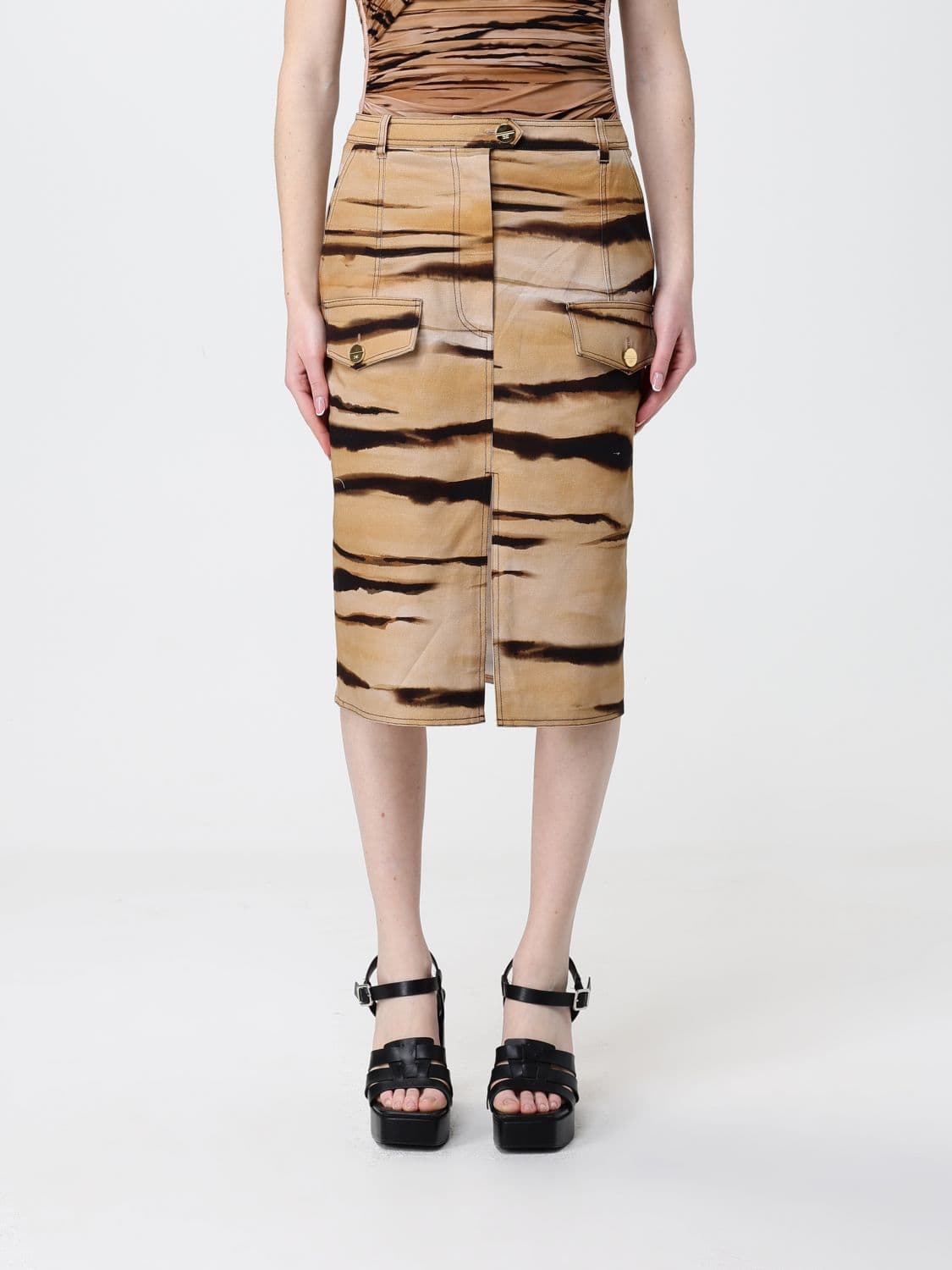 Elisabetta Franchi Animal Print Stretch Cotton Midi Skirt
