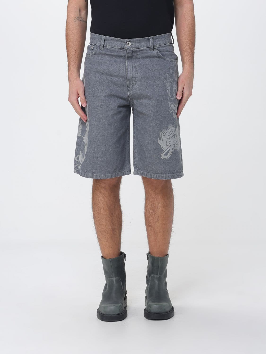 Gcds Cotton Denim Bermuda Shorts with Logo Print
