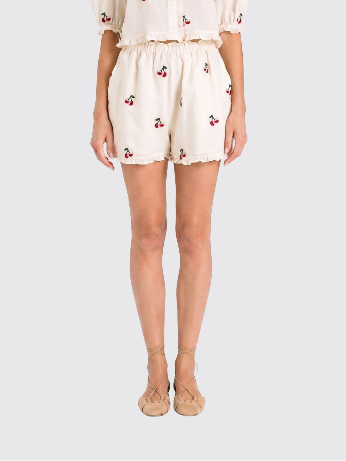 Twinset Ramie Shorts with Cherry Embroidery