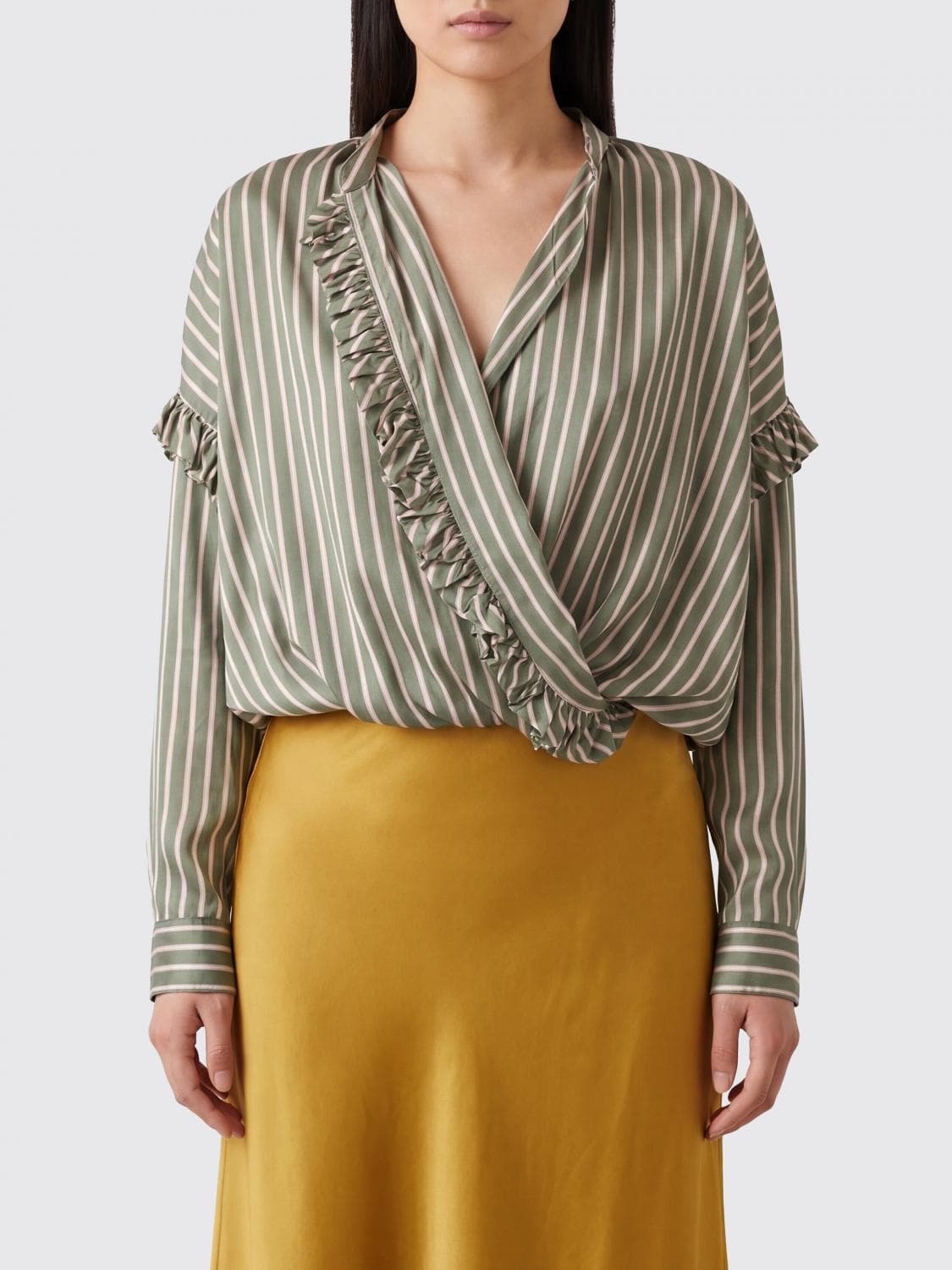 Dries Van Noten Striped Cupro Blouse with Ruffles