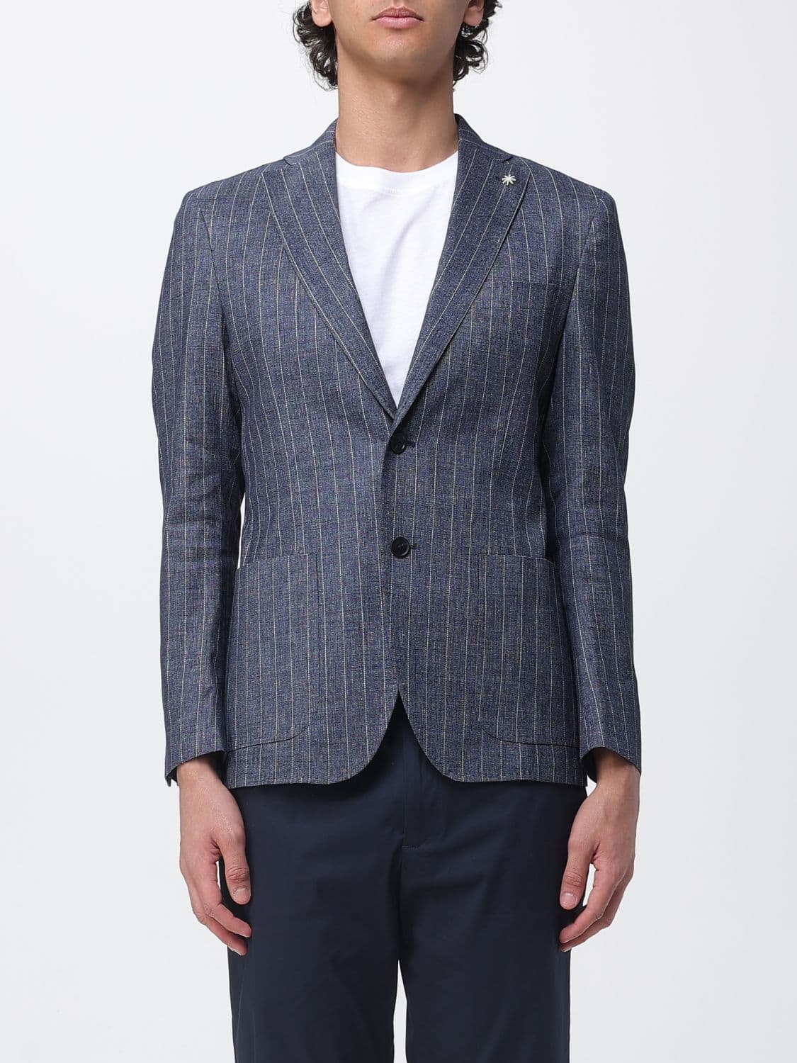 Manuel Ritz Single-Breasted Pinstriped Linen Blend Blazer