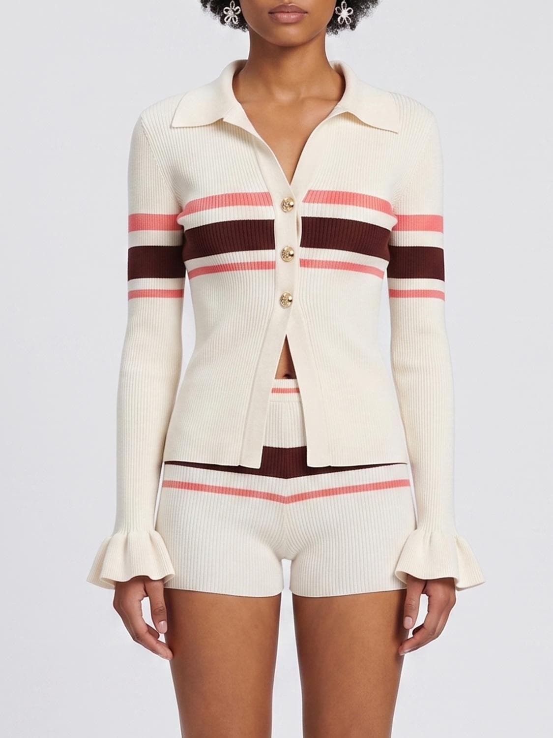 Self-Portrait Striped Viscose Knit Polo Cardigan