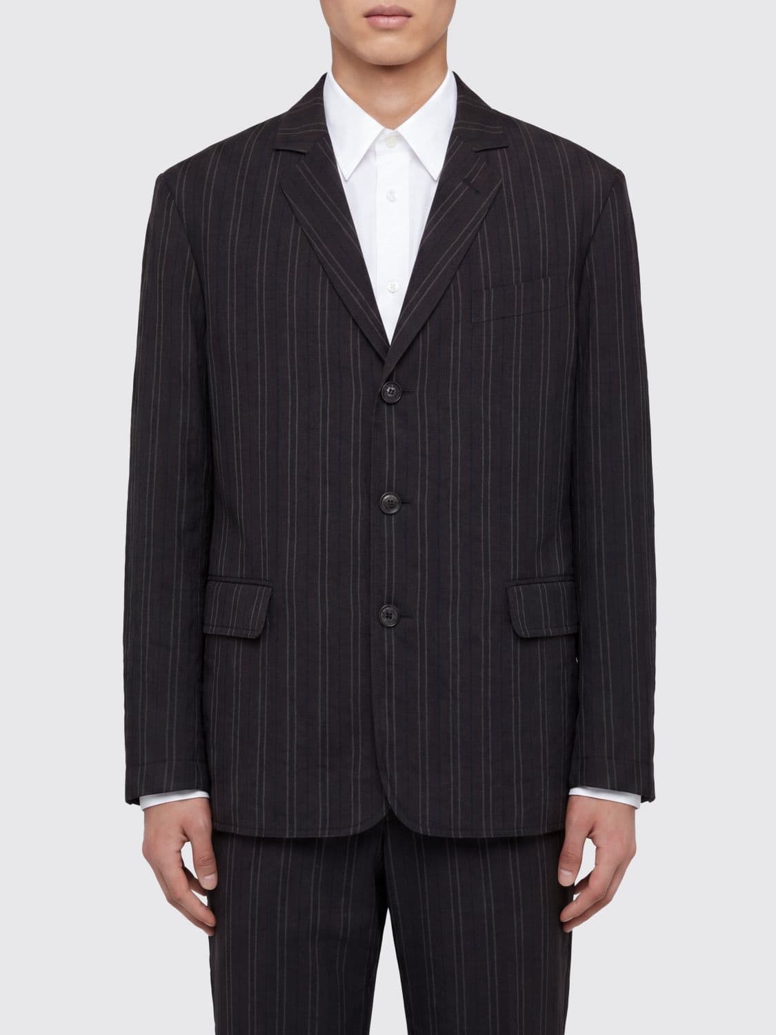 Ferragamo Pinstriped Linen Blend Single-Breasted Blazer · 48
