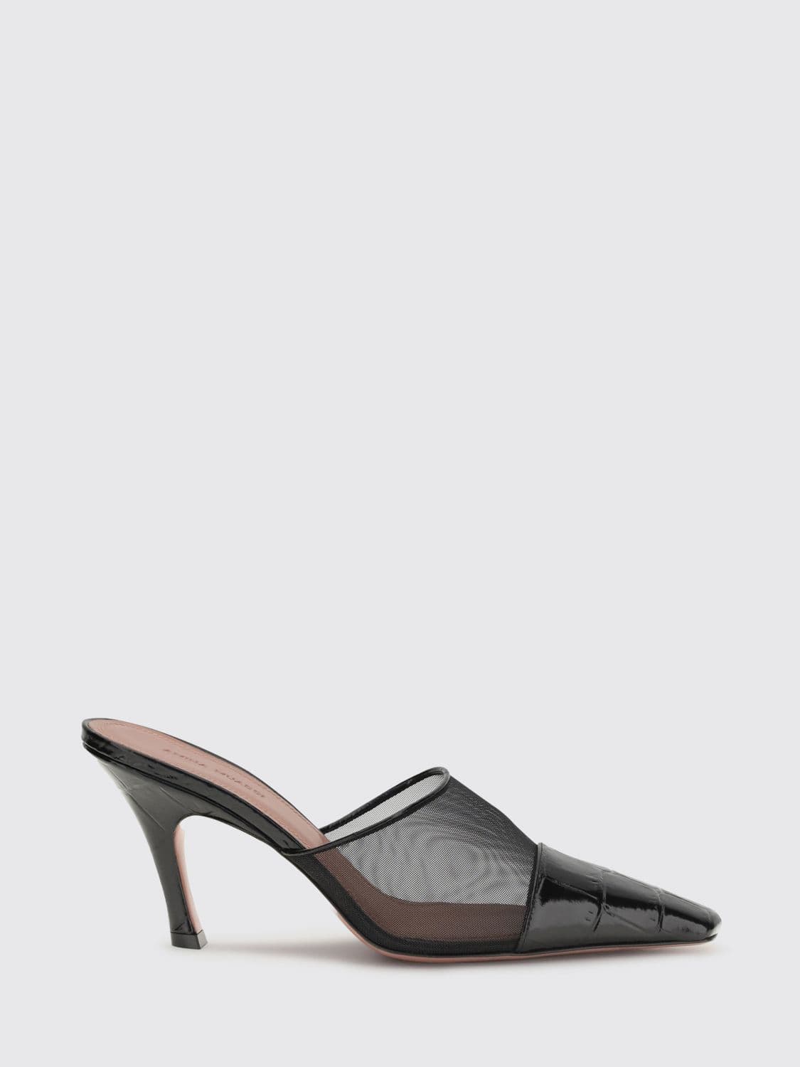 Amina Muaddi Jamie Mules in Mesh Nylon and Crocodile Print Leather