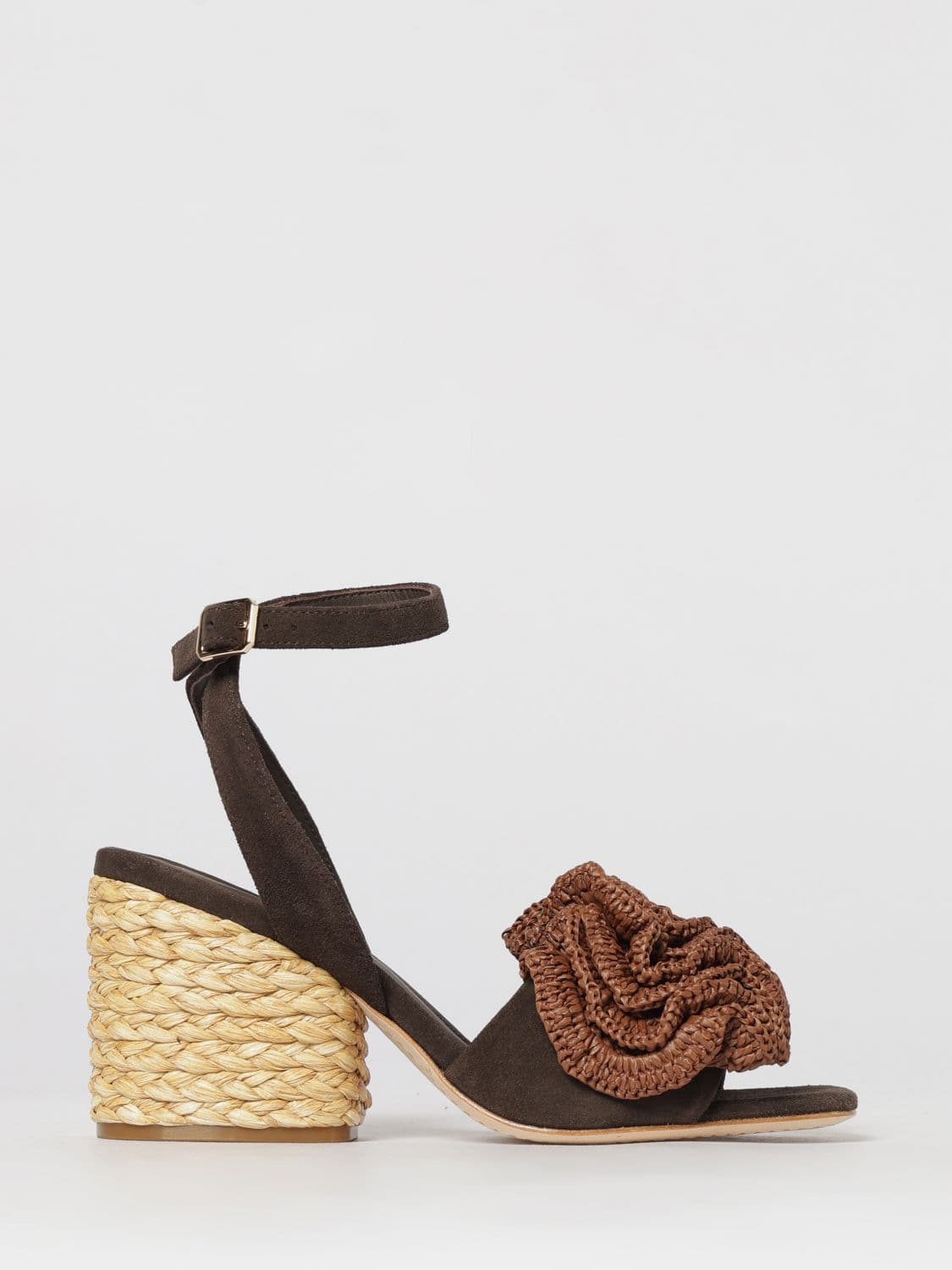 Paloma Barcelò Suede and Raffia Sandals with Flower Appliqué and Mid Heel