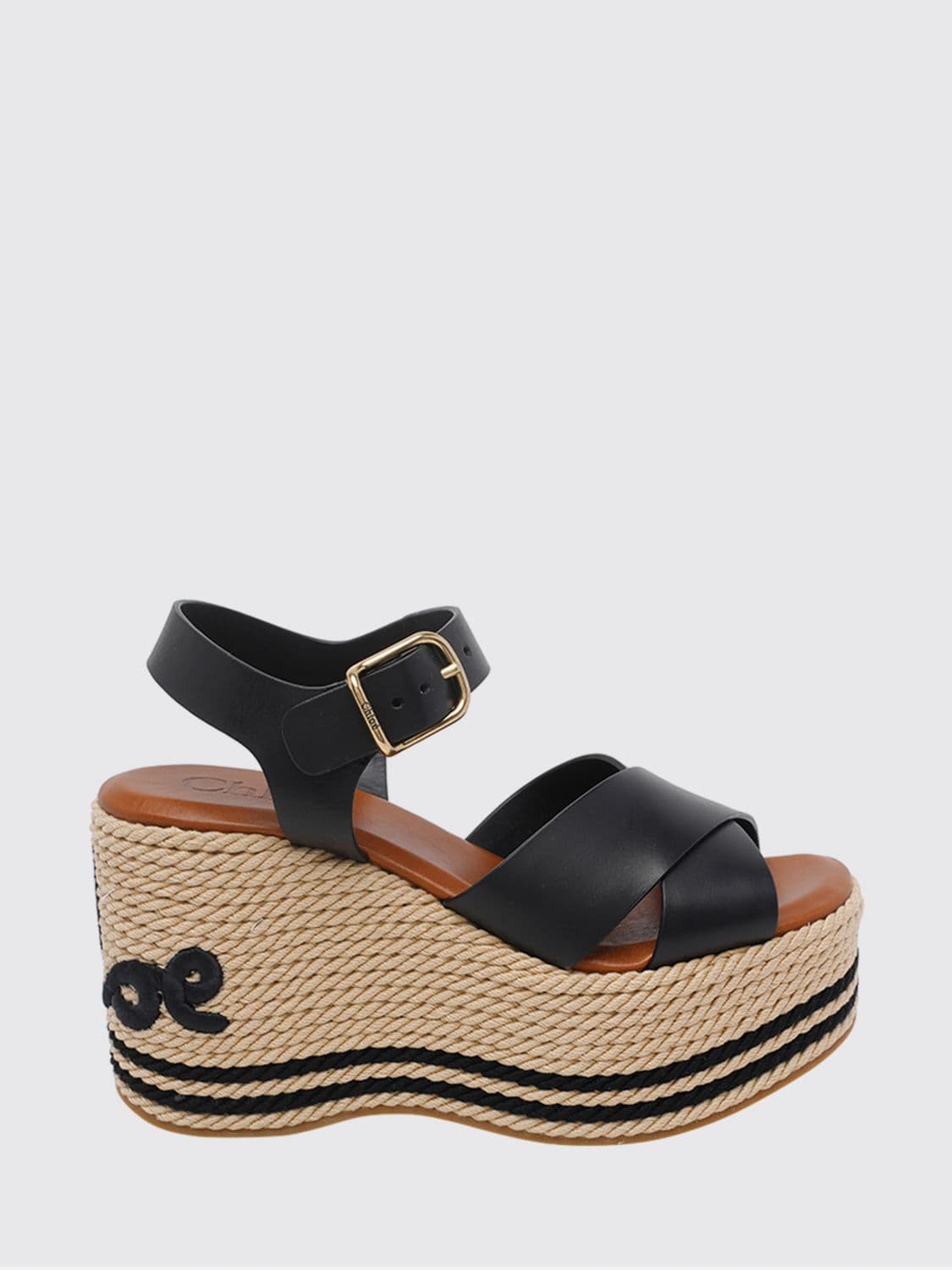Chloé High Wedge Sandals in Calfskin Leather with Embroidered Logo and Strap