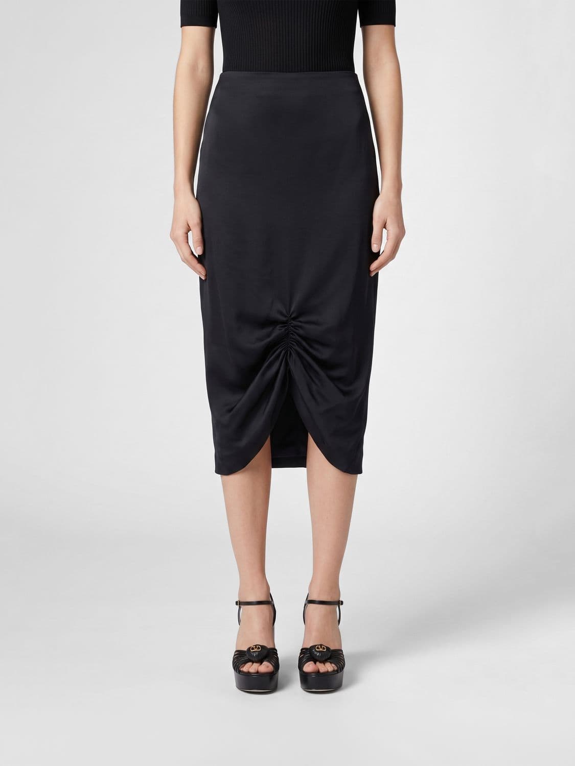 Valentino High-Waisted Satin Pencil Midi Skirt with Curved Hem