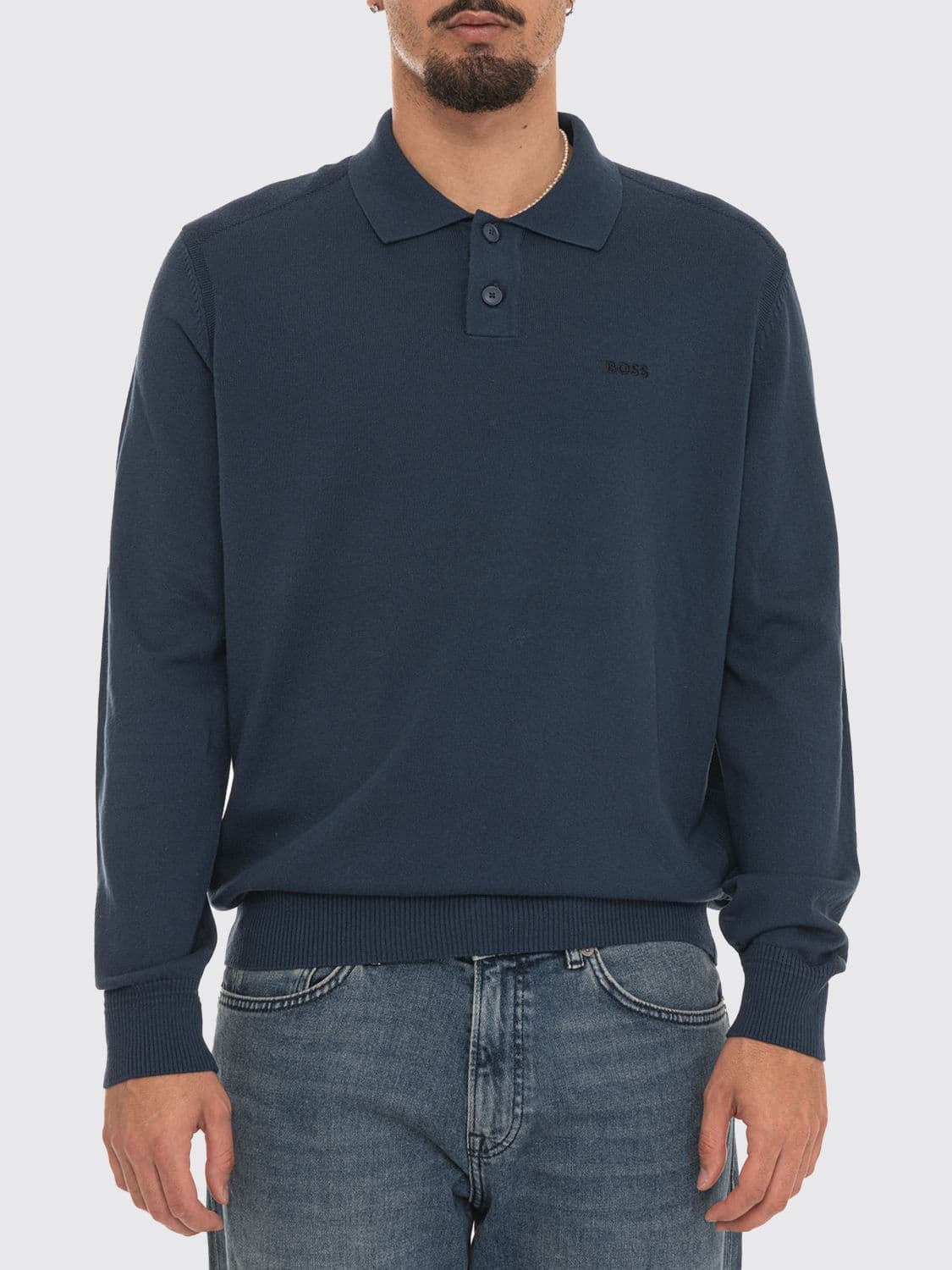 Boss Long-Sleeved Cotton Polo Shirt with Tone-on-Tone Embroidered Logo