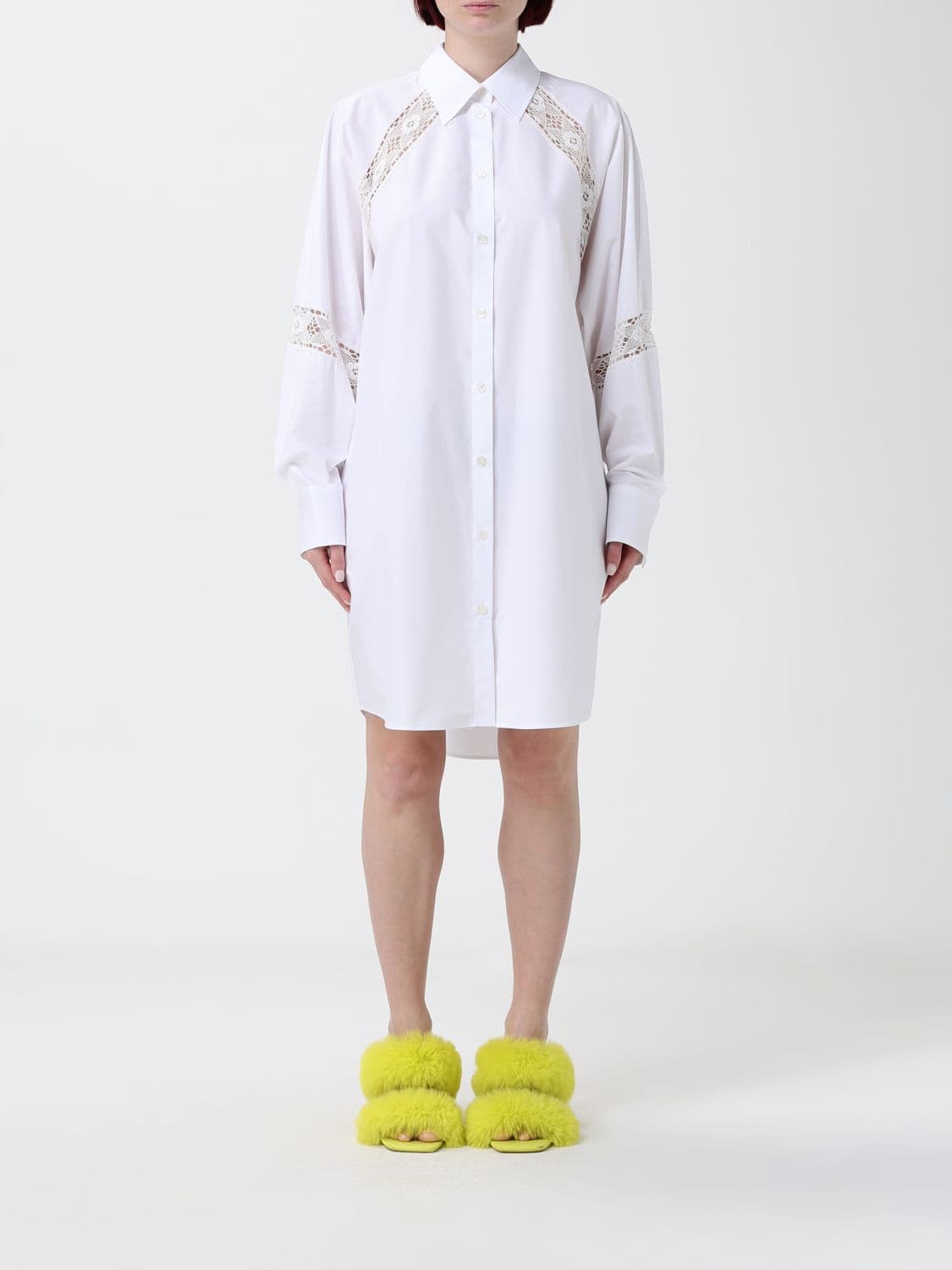 Msgm Cotton Mini Shirt Dress with Lace Inserts and Asymmetrical Hem