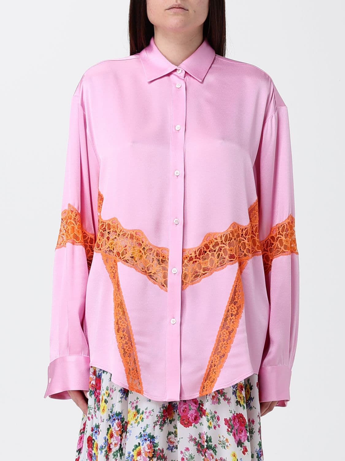 Msgm Relaxed Fit Satin Shirt with Lace Inserts and Dropped Shoulders