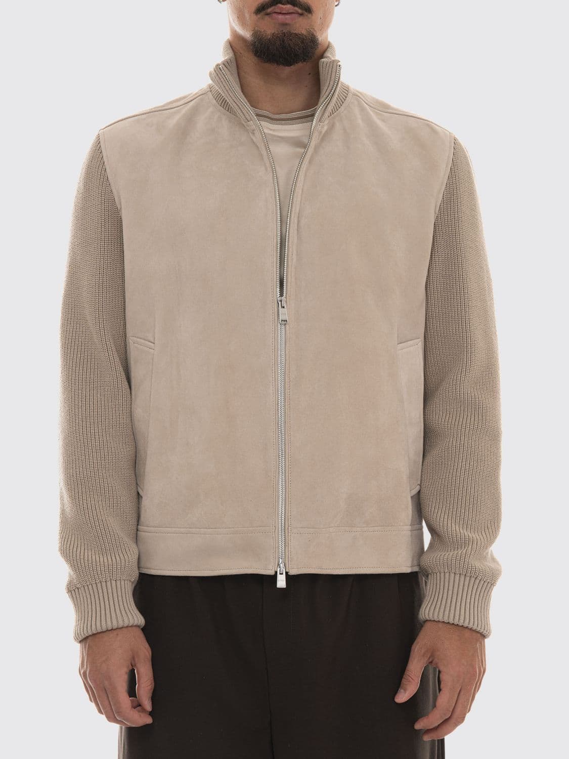 Boss Suede Jacket with High Neck, Zip Closure and Ribbed Cuffs