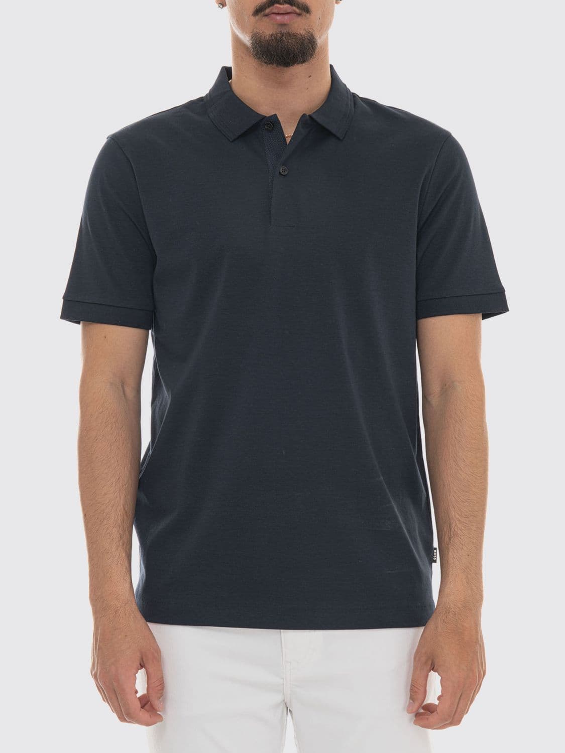 Boss Short-Sleeved Cotton Polo Shirt with Ribbed Collar and Two-Button Placket