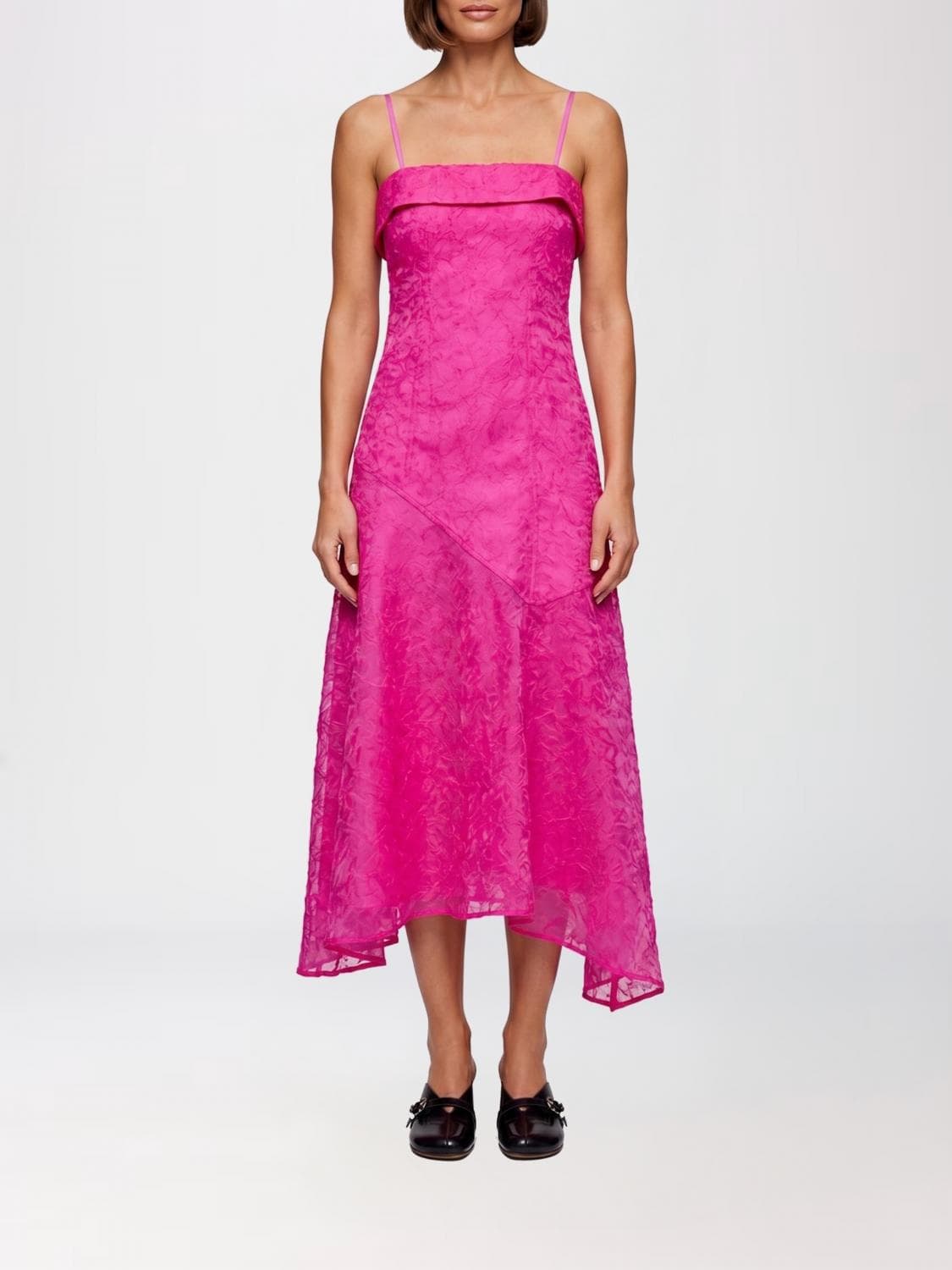 Ganni Midi Cocktail Dress in Crêpe with Square Neckline and Asymmetrical Hem · 40