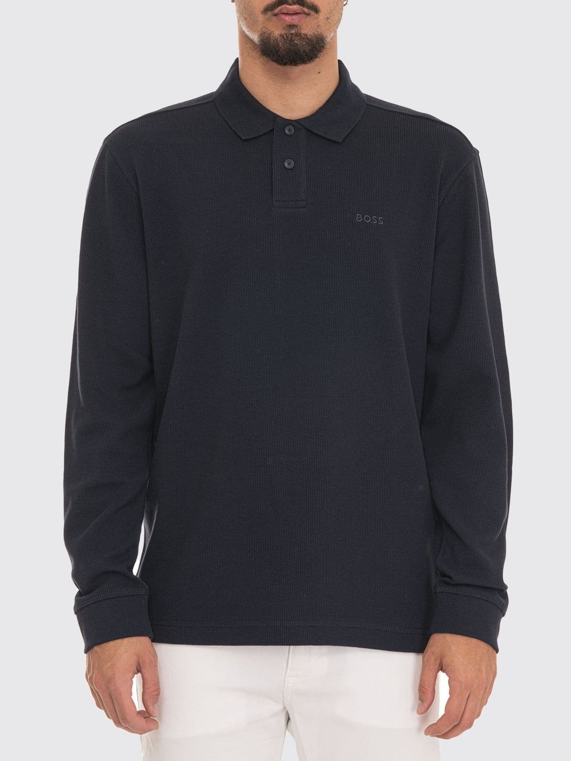 Boss Long-Sleeved Piqué Cotton Polo with Embroidered Logo
