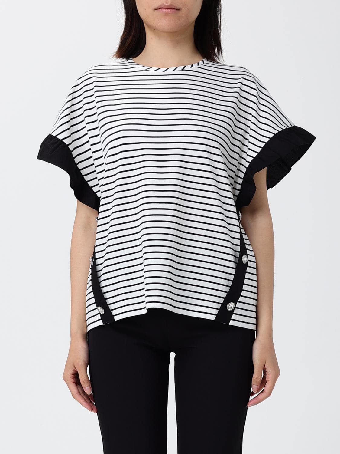 Liu Jo Striped Cotton T-Shirt with Dropped Shoulders and Crew Neck · M