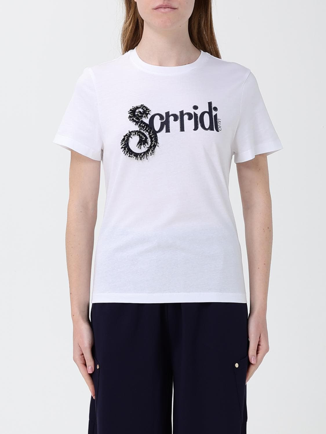Liu Jo Cotton T-Shirt with Embroidered Logo and Rhinestones