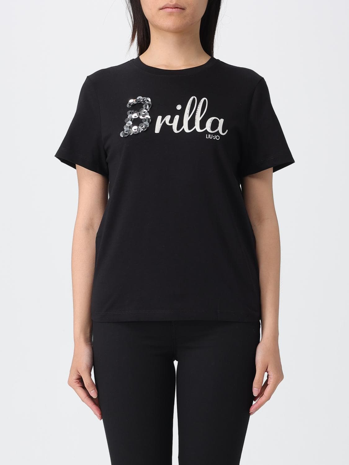 Liu Jo Cotton T-Shirt with Embroidered Logo and Rhinestones