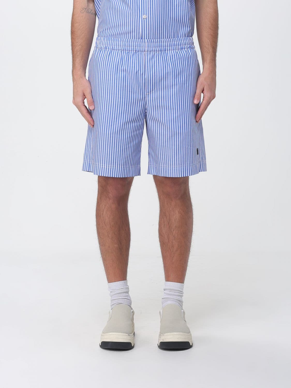 Msgm Striped Cotton Jogging Shorts with Elasticated Waist and Embroidered Logo